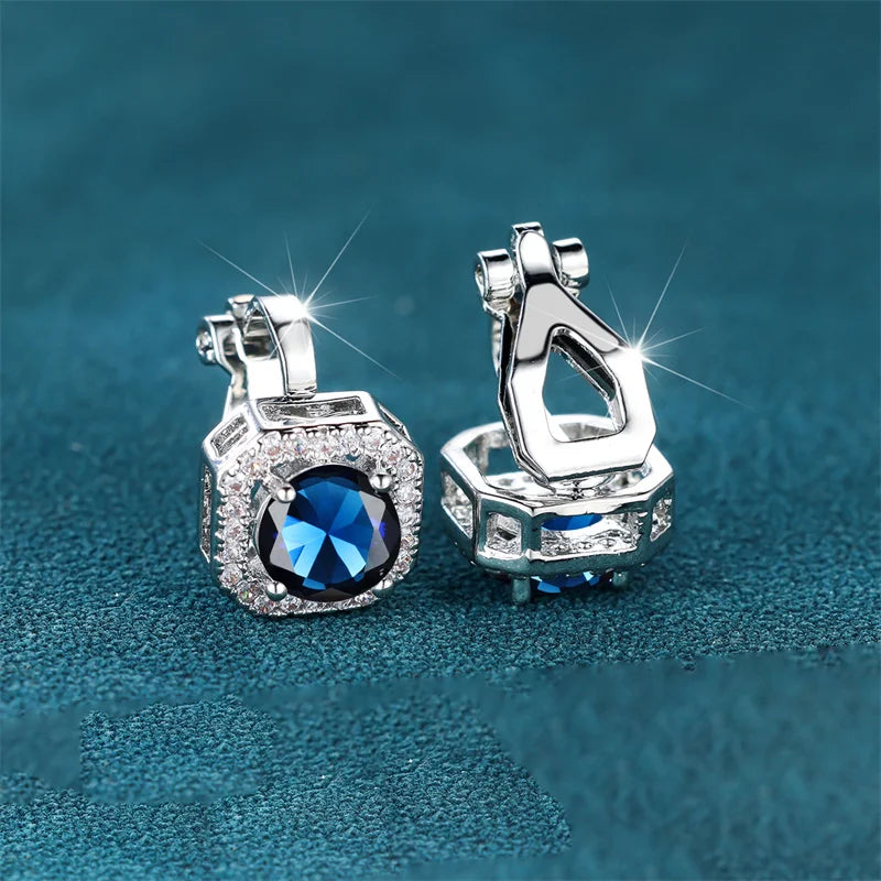 Female Cute Small Clip Earrings White Zircon Round Stone Earrings For Women Vintage Silver Color Crystal Jewelry Bridal Earrings