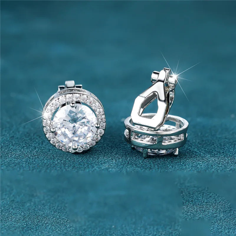 Female Cute Small Clip Earrings White Zircon Round Stone Earrings For Women Vintage Silver Color Crystal Jewelry Bridal Earrings