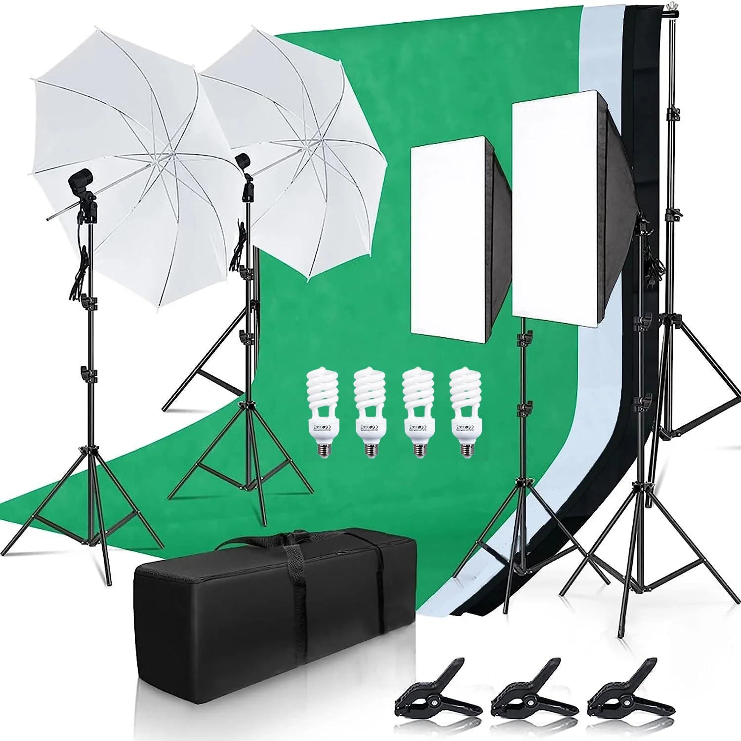 Large Flexible Softbox Lighting Studio Photography Light Kit Softboxes Light Bulbs Umbrellas Light Sockets Light Stands Backdrop