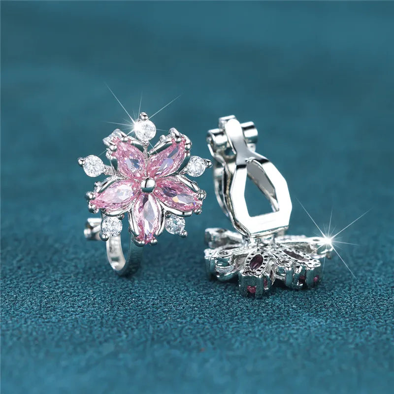 Female Cute Small Clip Earrings White Zircon Round Stone Earrings For Women Vintage Silver Color Crystal Jewelry Bridal Earrings