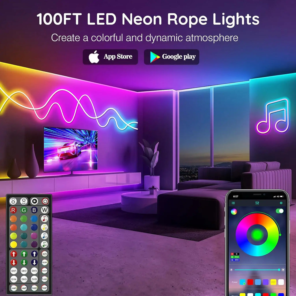 Neon Rope Lights,Flexible Led Rope Lights Control with App/Remote,Multiple Modes Rope Lights,IP65 Outdoor RGB Led Neon Lights Wa